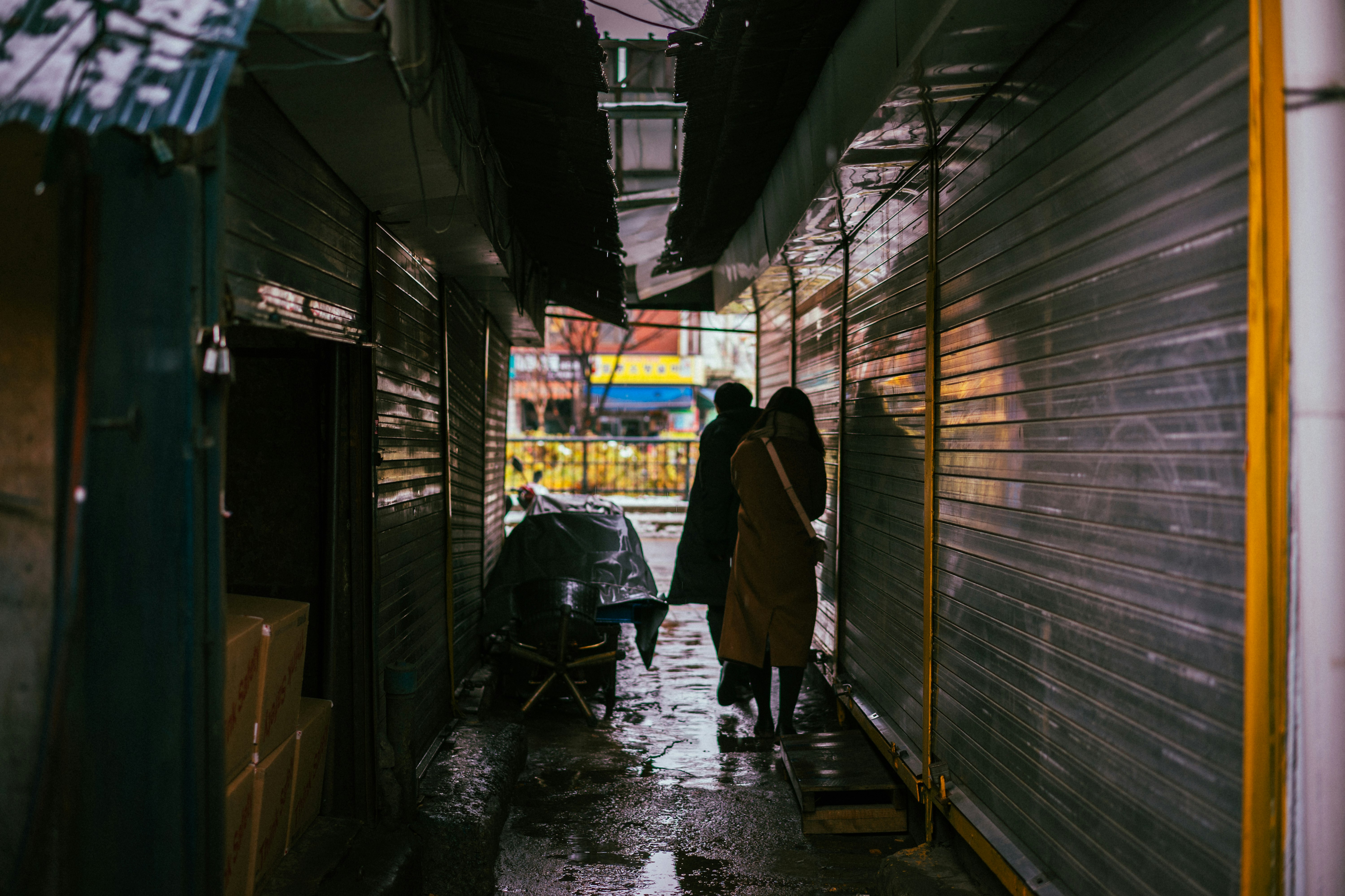 two persons standing between narrow pathway